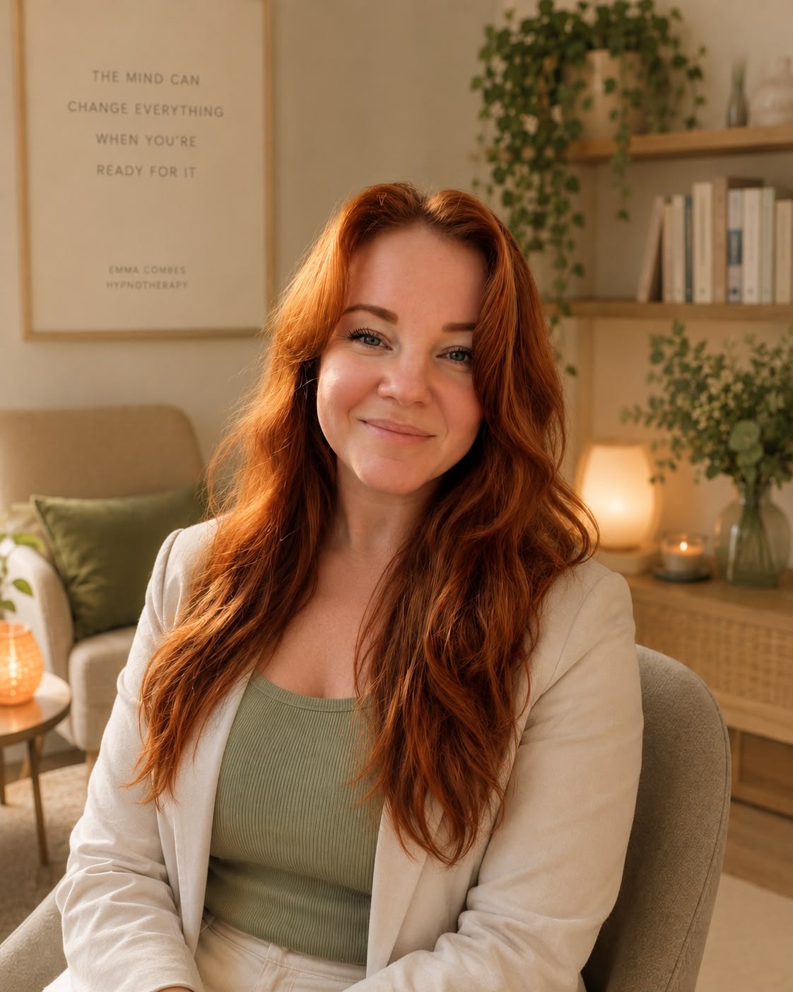 Emma Combes, hypnotherapist and breathwork practitioner, in her Ealing practice