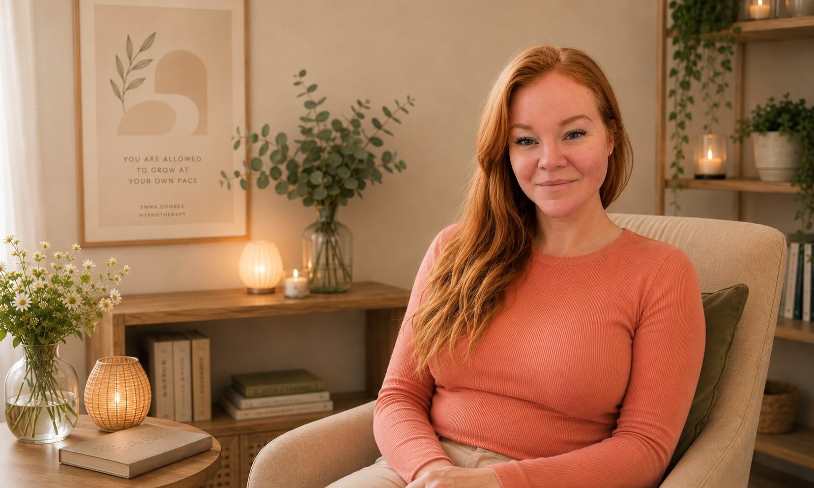 Emma Combes in her warm, plant-filled therapy room